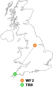 map showing distance between WF2 and TR8