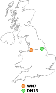 map showing distance between WN7 and DN15