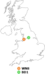 map showing distance between WN8 and BD1