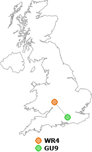map showing distance between WR4 and GU9