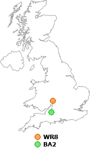 map showing distance between WR8 and BA2