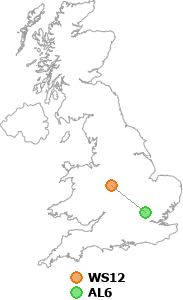 map showing distance between WS12 and AL6