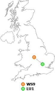 map showing distance between WS9 and LU1