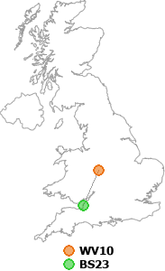 map showing distance between WV10 and BS23