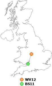 map showing distance between WV12 and BS11