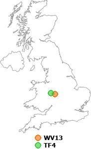 map showing distance between WV13 and TF4