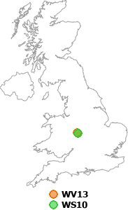 map showing distance between WV13 and WS10