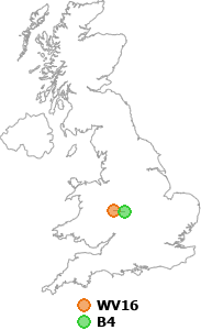 map showing distance between WV16 and B4