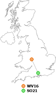 map showing distance between WV16 and SO21