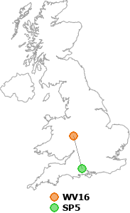 map showing distance between WV16 and SP5