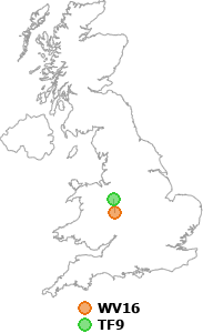 map showing distance between WV16 and TF9