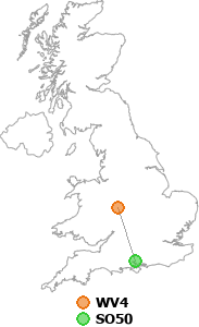 map showing distance between WV4 and SO50