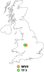 map showing distance between WV8 and TF3