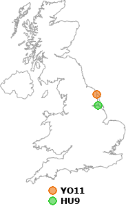 map showing distance between YO11 and HU9