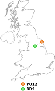 map showing distance between YO12 and BD4