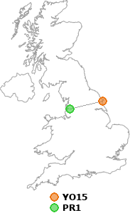 map showing distance between YO15 and PR1