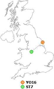 map showing distance between YO16 and ST7