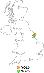 map showing distance between YO16 and YO25