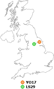 map showing distance between YO17 and LS29