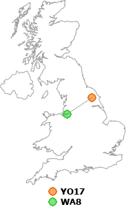 map showing distance between YO17 and WA8