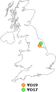 map showing distance between YO19 and YO17