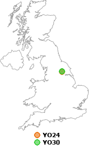 map showing distance between YO24 and YO30