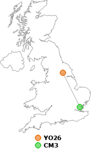 map showing distance between YO26 and CM3