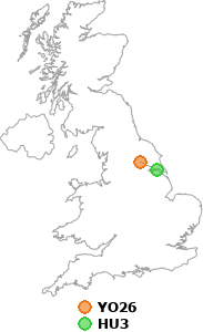 map showing distance between YO26 and HU3