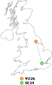 map showing distance between YO26 and SE24