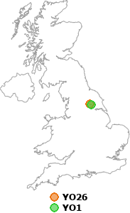 map showing distance between YO26 and YO1