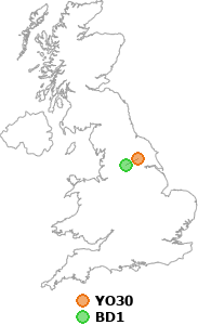 map showing distance between YO30 and BD1