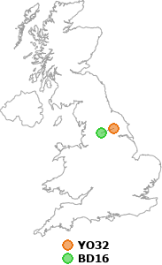 map showing distance between YO32 and BD16