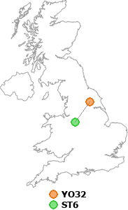 map showing distance between YO32 and ST6