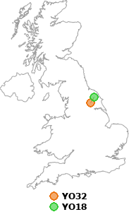 map showing distance between YO32 and YO18