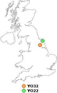 map showing distance between YO32 and YO22