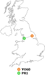 map showing distance between YO60 and PR1
