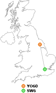 map showing distance between YO60 and SW6