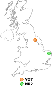 map showing distance between YO7 and NR2