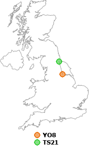 map showing distance between YO8 and TS21
